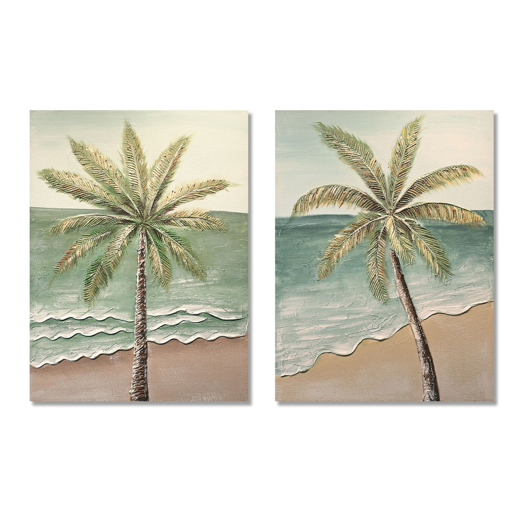 Palm Tree Wall Art, Beach Canvas Painting With Accents, Hand Painted Textured Tropical Decor (Set of 2) - Aqua Blue