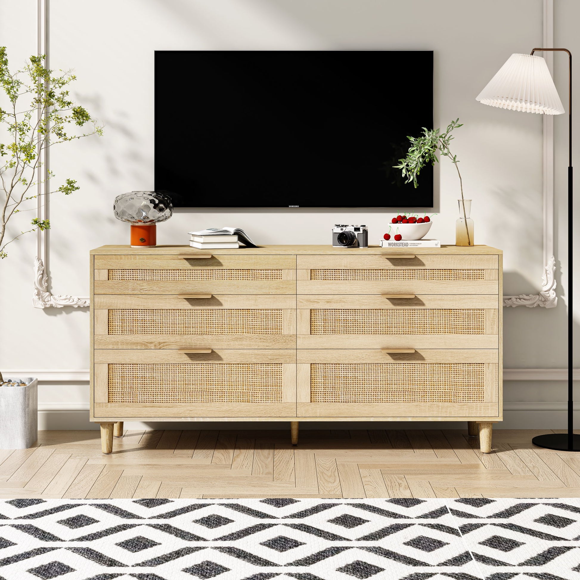 Rattan Dresser With 6 Drawers, Wooden Legs & Metal Handle