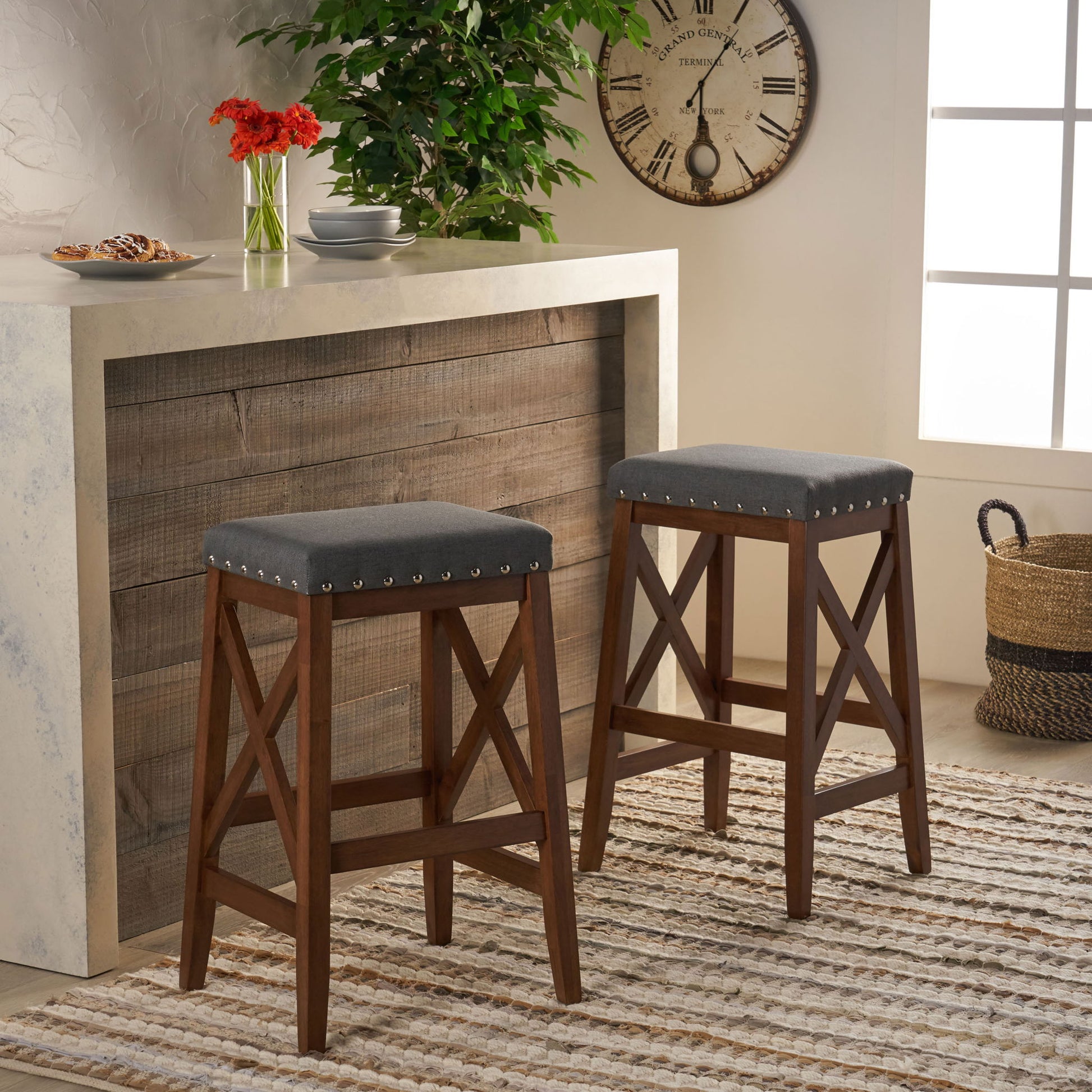 Upholstered Bar Stool With Nailhead Trim And X Frame Design (Set of 2) - Charcoal