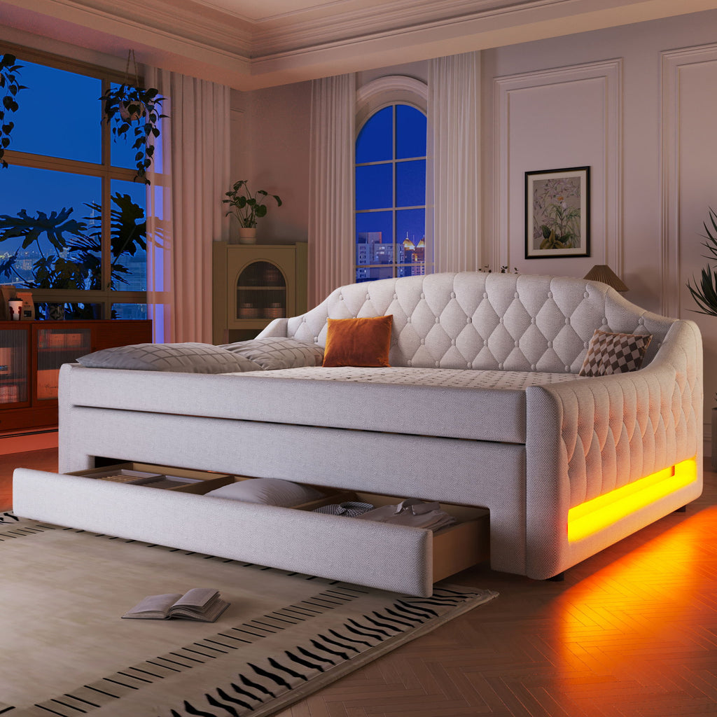 Upholstered Daybed With LED Belt, Trundle And 3 Drawers