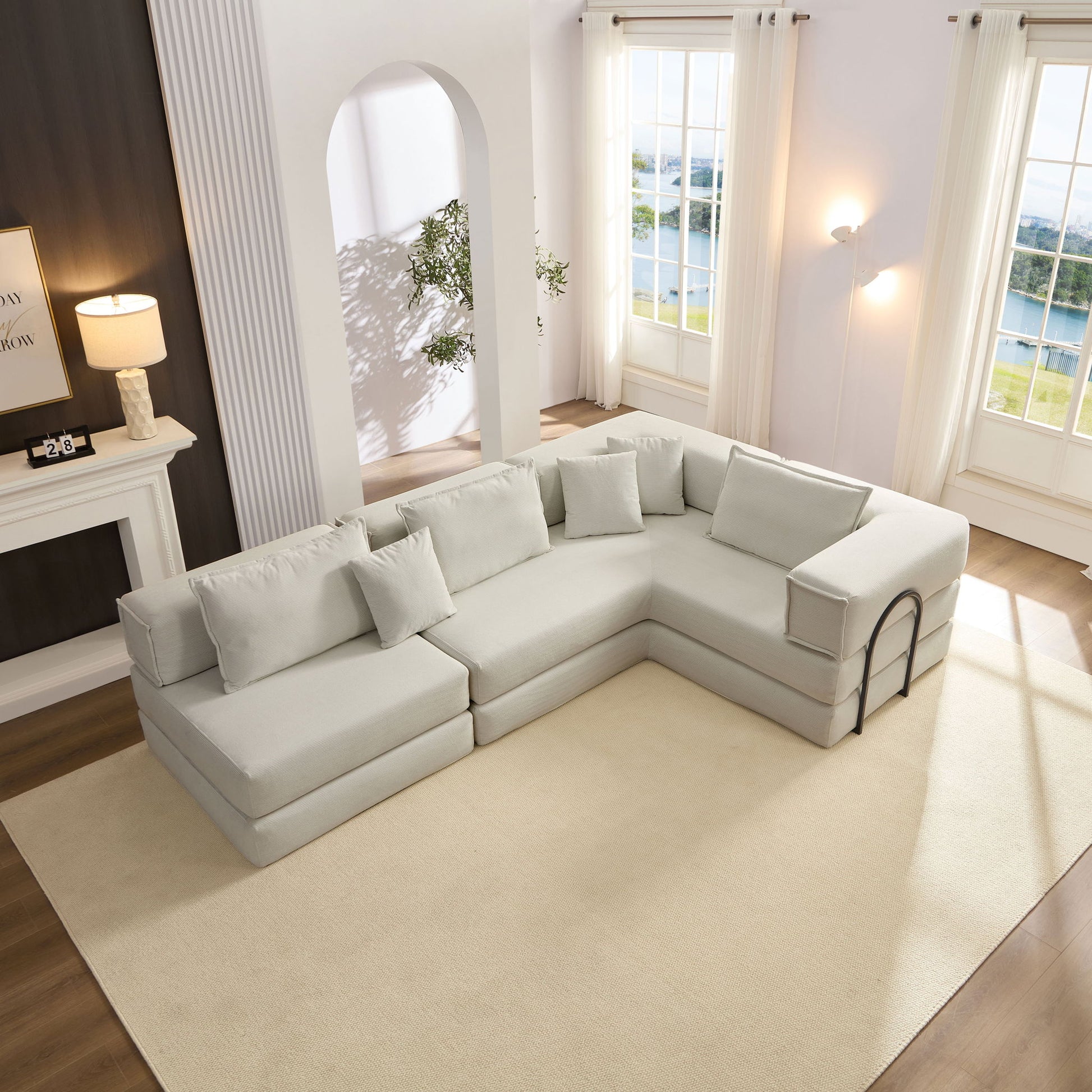 Modular L Shaped Floor Living Room Sofa Set With 6 Pillows