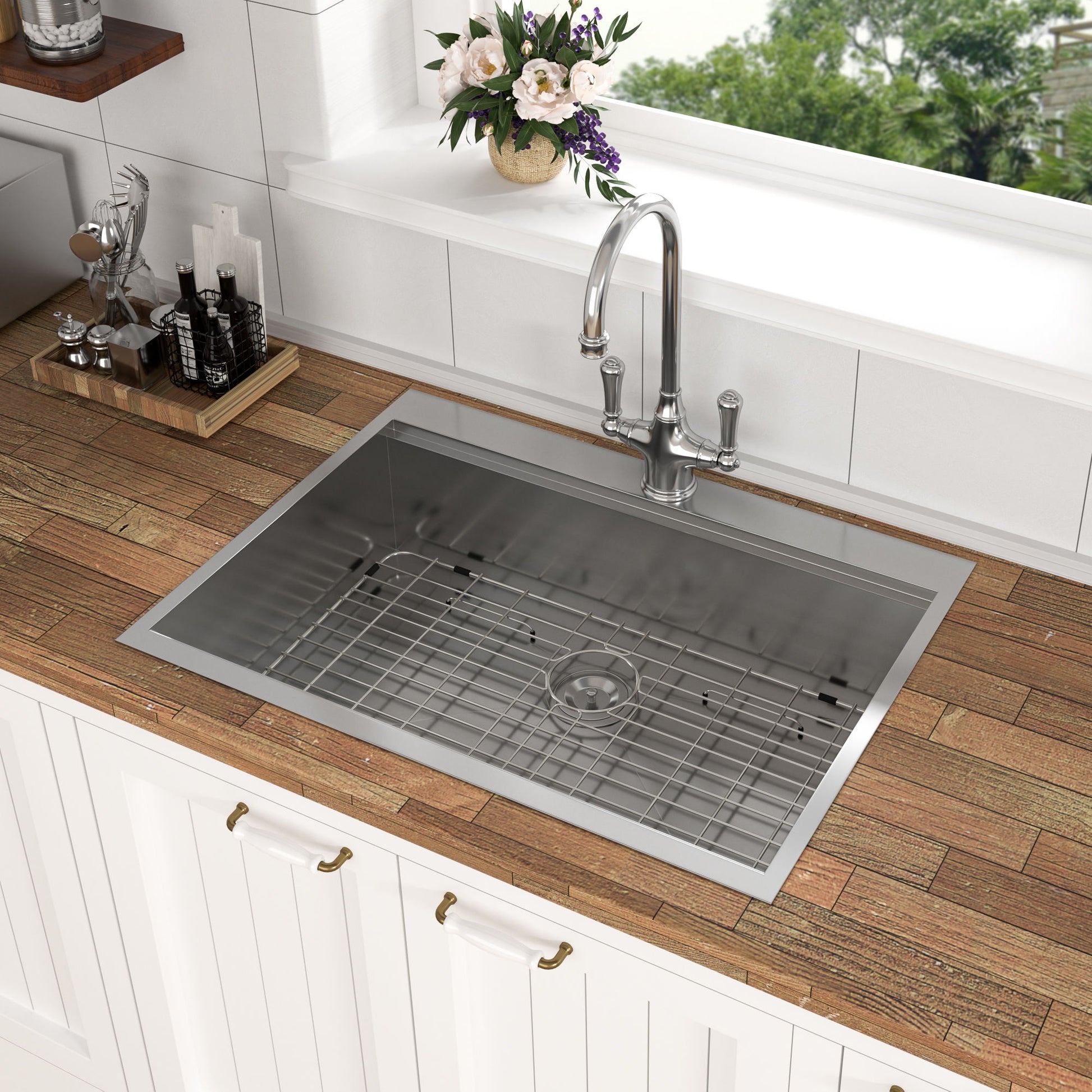 Topmount Stainless Steel Kitchen Sink With Workstation Ledge And Accessories