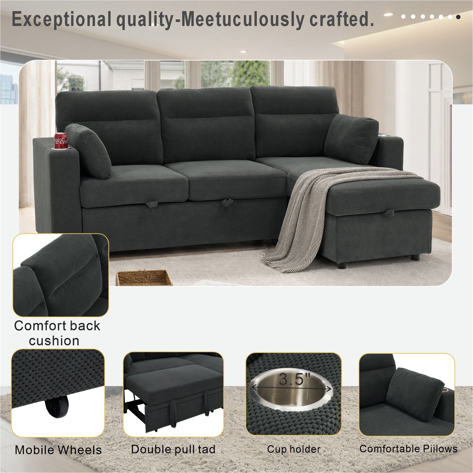 Convertible L - Shaped Sectional Sofa Bed With Storage Chaise, Cup Holders