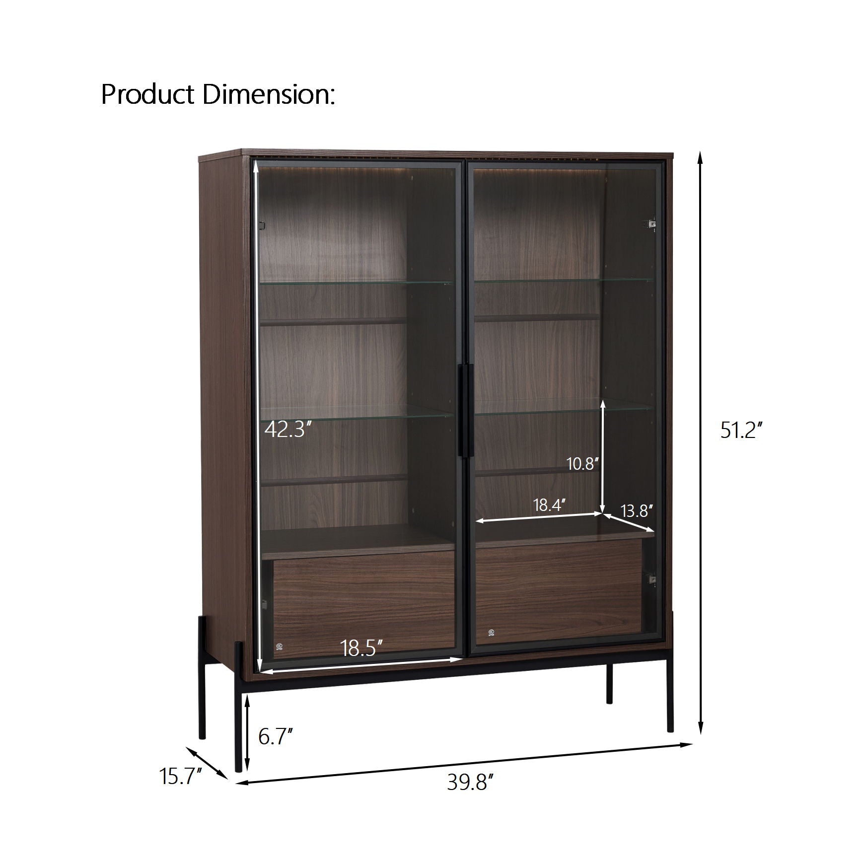 Modern Minimalist Style LED Curio Cabinet With Tempered Glass Door, Metal Legs