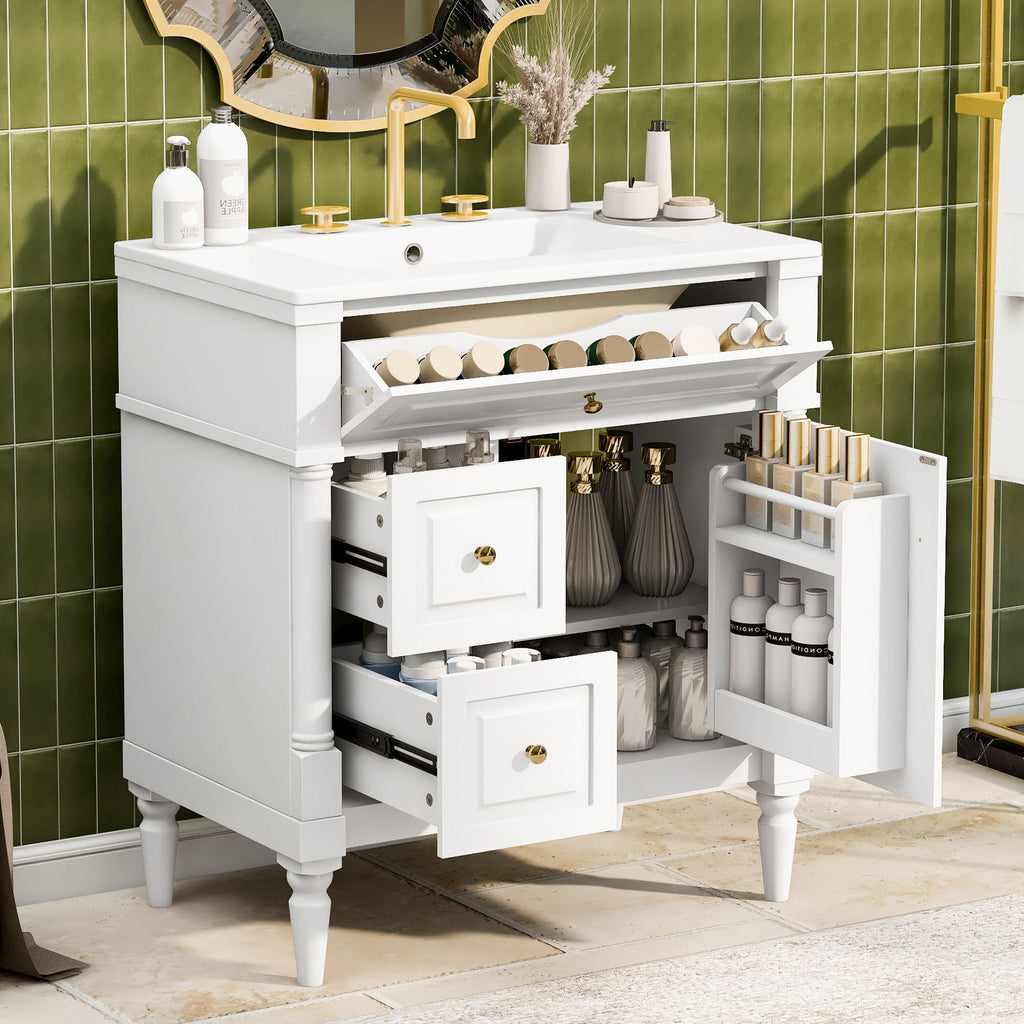 Modern Bathroom Vanity With Sink, Freestanding Cabinet With Flip Drawer & Adjustable Shelf