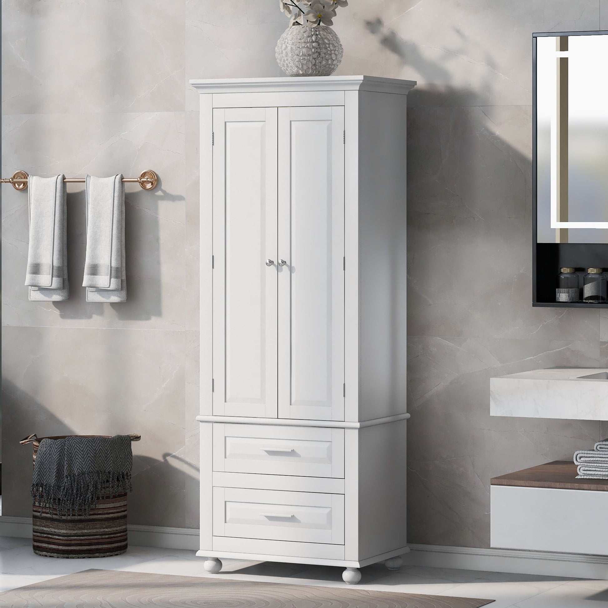 Tall Storage Cabinet With 2 Drawers For Bathroom