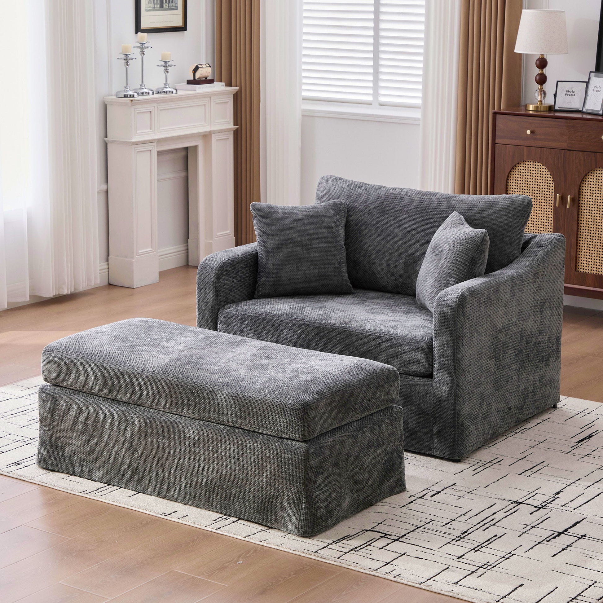 Accent Chair Wide With 2 Bolster Pillows, And Matching Ottoman