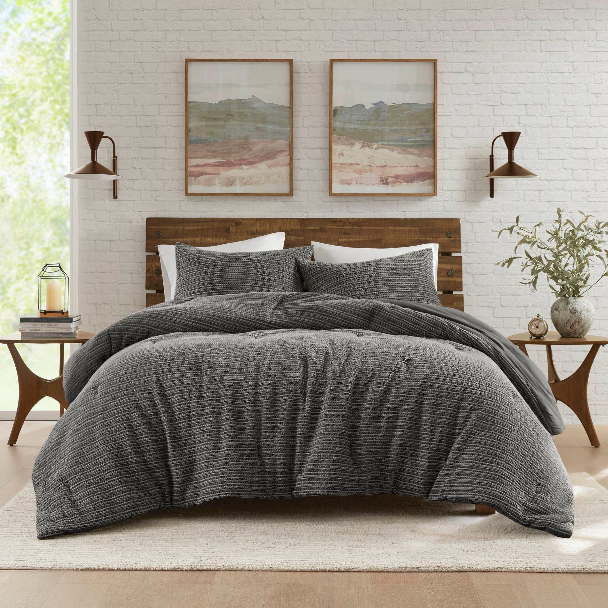 Lyon - 3 Piece Full/Queen Waffle Washed Comforter Set - Charcoal