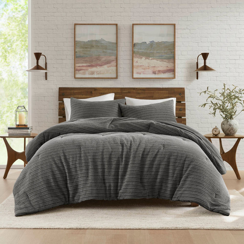 Lyon - 3 Piece King/California King Waffle Washed Comforter Set - Charcoal