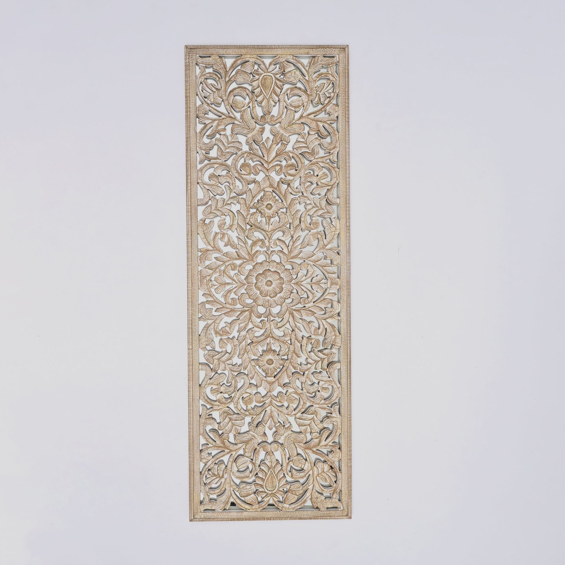 Floral Hand Carved Mandala Rectangle Wall Decor With Mirror - Antique Brown / White