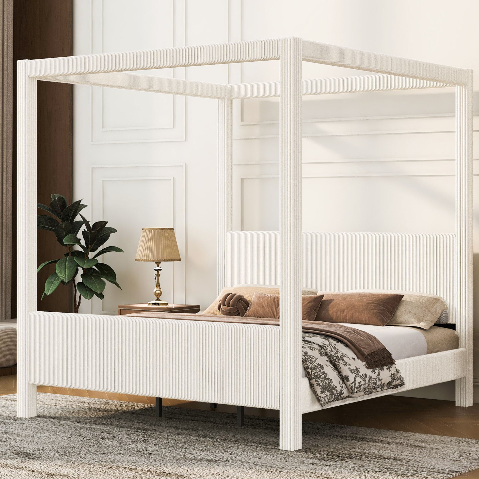 Upholstered Canopy Platform Bed With Headboard And Footboard, Vertical Ribbed Design