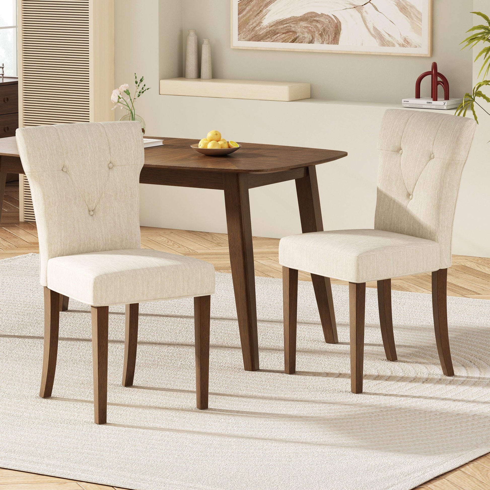 Modern Indoor Wood Dining Set With Chairs And Table, Rubber Wood, 6 Piece - Cream / Walnut