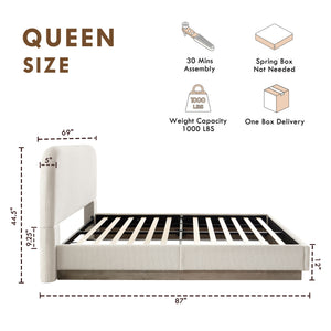 Linton - Queen Size Upholstered Platform Bed - Cream White / Light Grey / Camel Oak