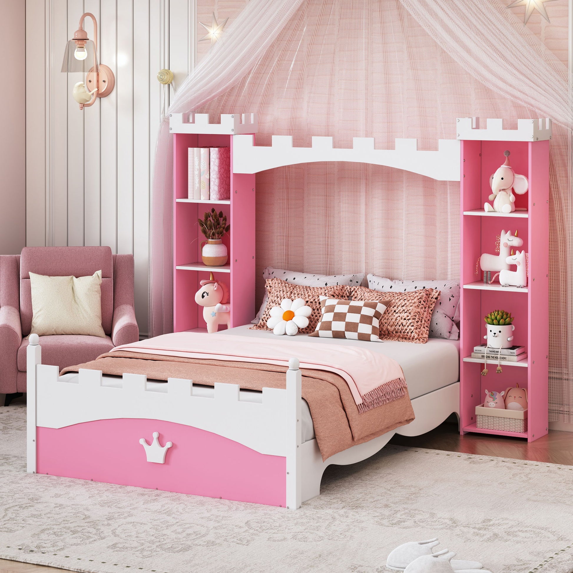 Castle Shaped Bed With Storage Shelf, Dreamy Platform Bed For Kids Bedroom