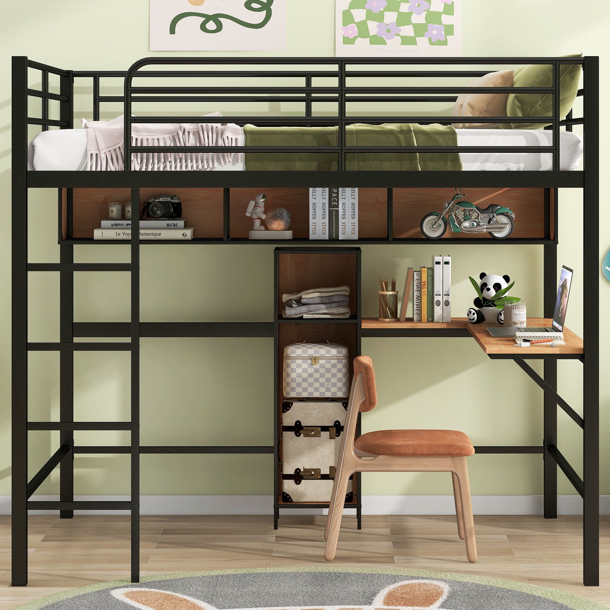 Full Size & Loft Bed With L-Shaped Desk And Shelves - Black
