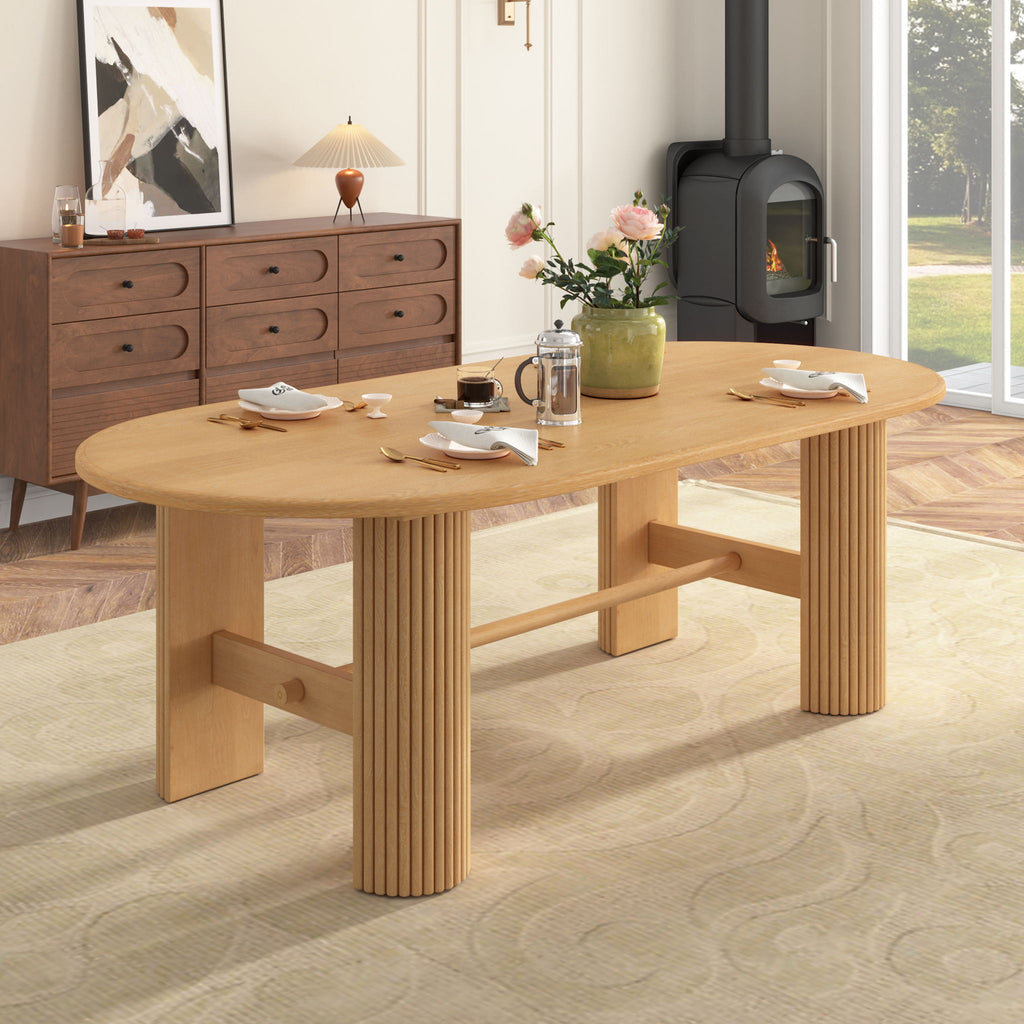 Oval Dining Table Set For 6 With Fluted Pedestal Base, 7 Piece Set Including 6 Upholstered Chairs