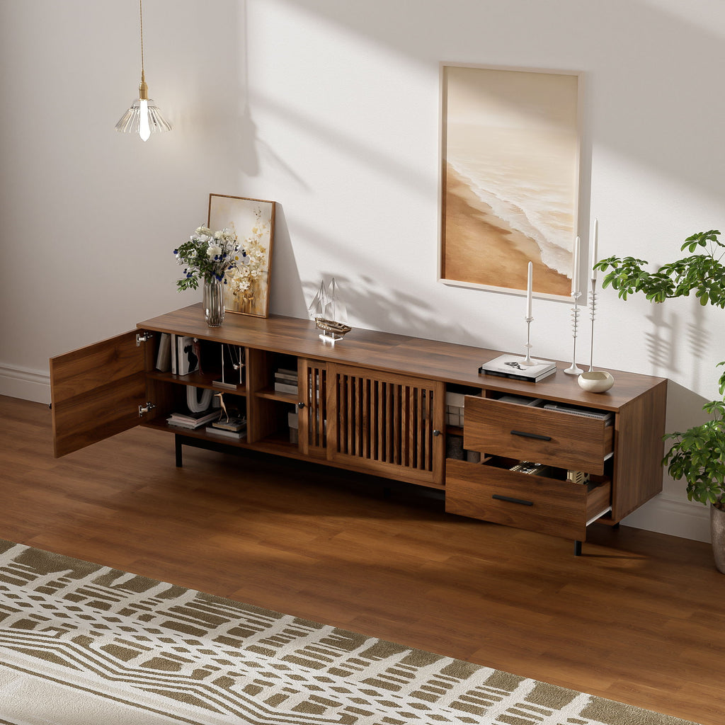 TV Stand, Media Console With 2 Drawers, Soft Closing Hinges, Adjustable Shelves, Slatted Design - Walnut