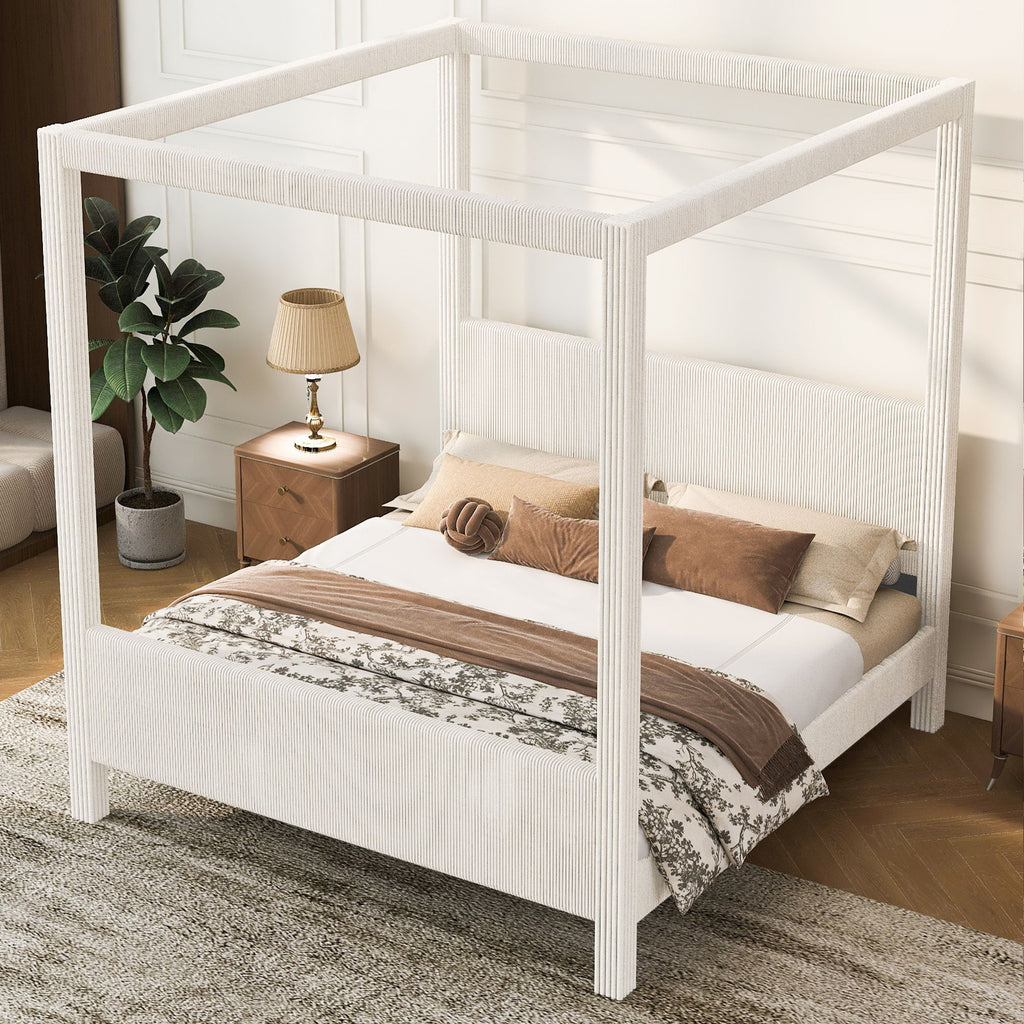 Upholstered Canopy Platform Bed With Headboard And Footboard, Vertical Ribbed Design