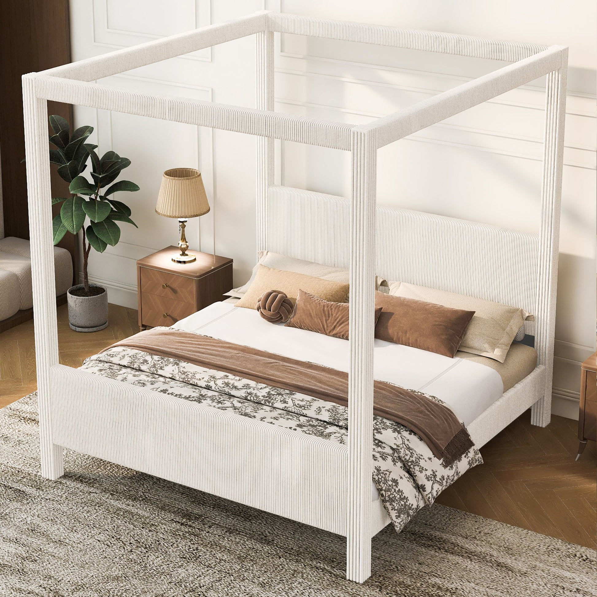 Upholstered Canopy Platform Bed With Headboard And Footboard, Vertical Ribbed Design