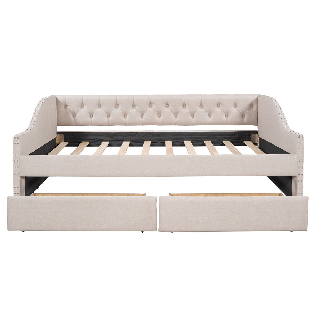 Upholstered Daybed With Two Drawers, Wood Slat Support