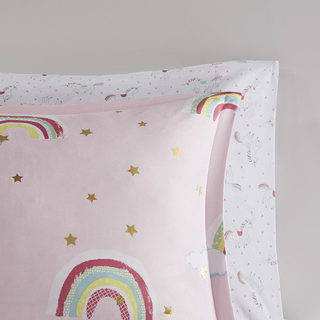 Alicia - Rainbow With Metallic Printed Stars Complete Bed And Sheet Set - Pink