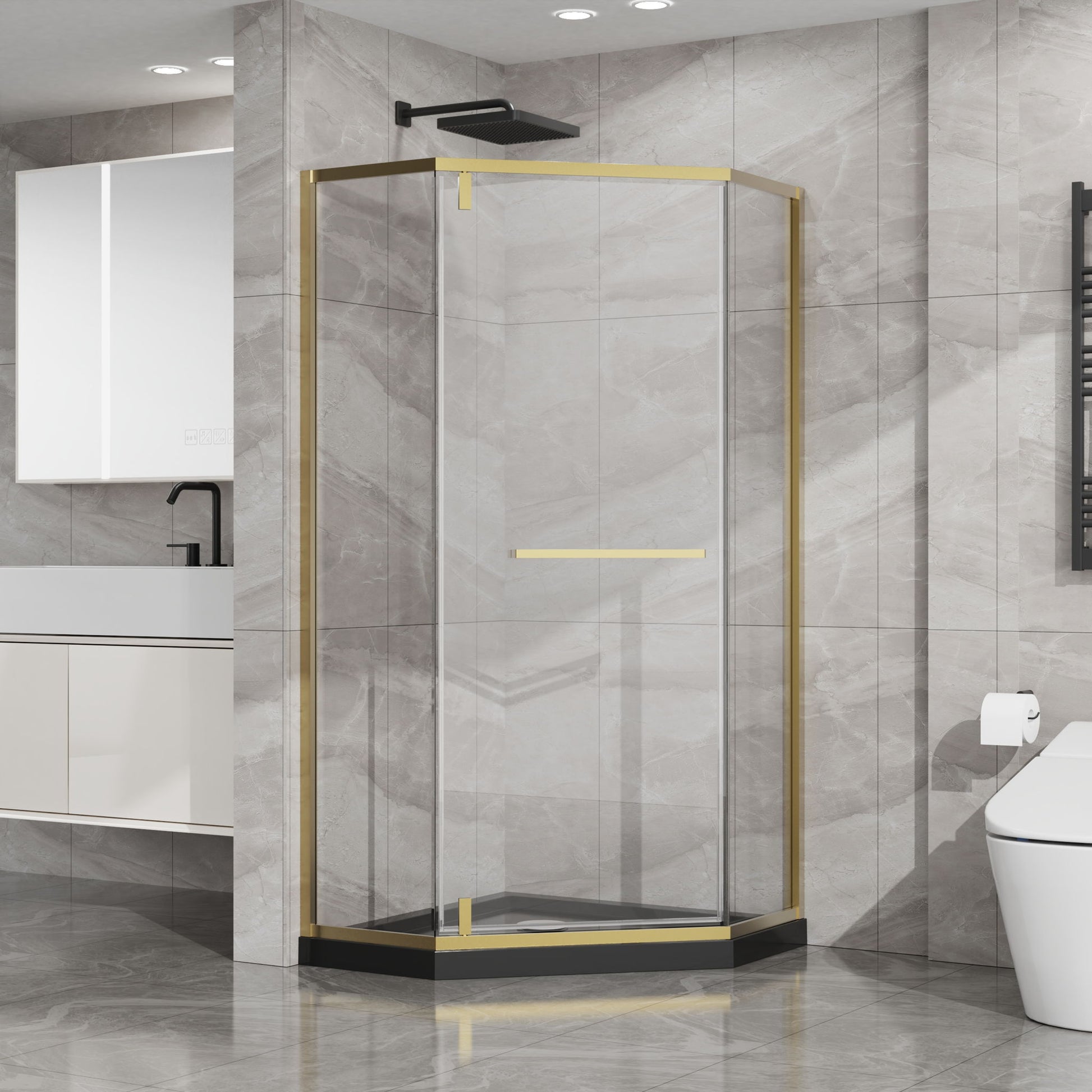 Goodyo - Neo-Angle Frameless Shower Door Corner Enclosure With Acrylic Shower Base Combo, Pivot Shower Door