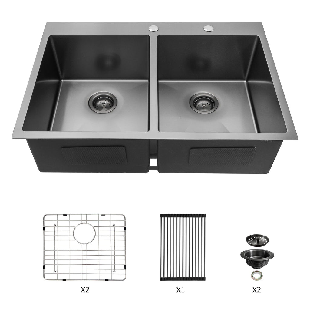 Double Bowl Drop In Kitchen Sink 33" X 22" With 16 Gauge Stainless Steel And 2 10" Deep Basins - Gunmetal Black