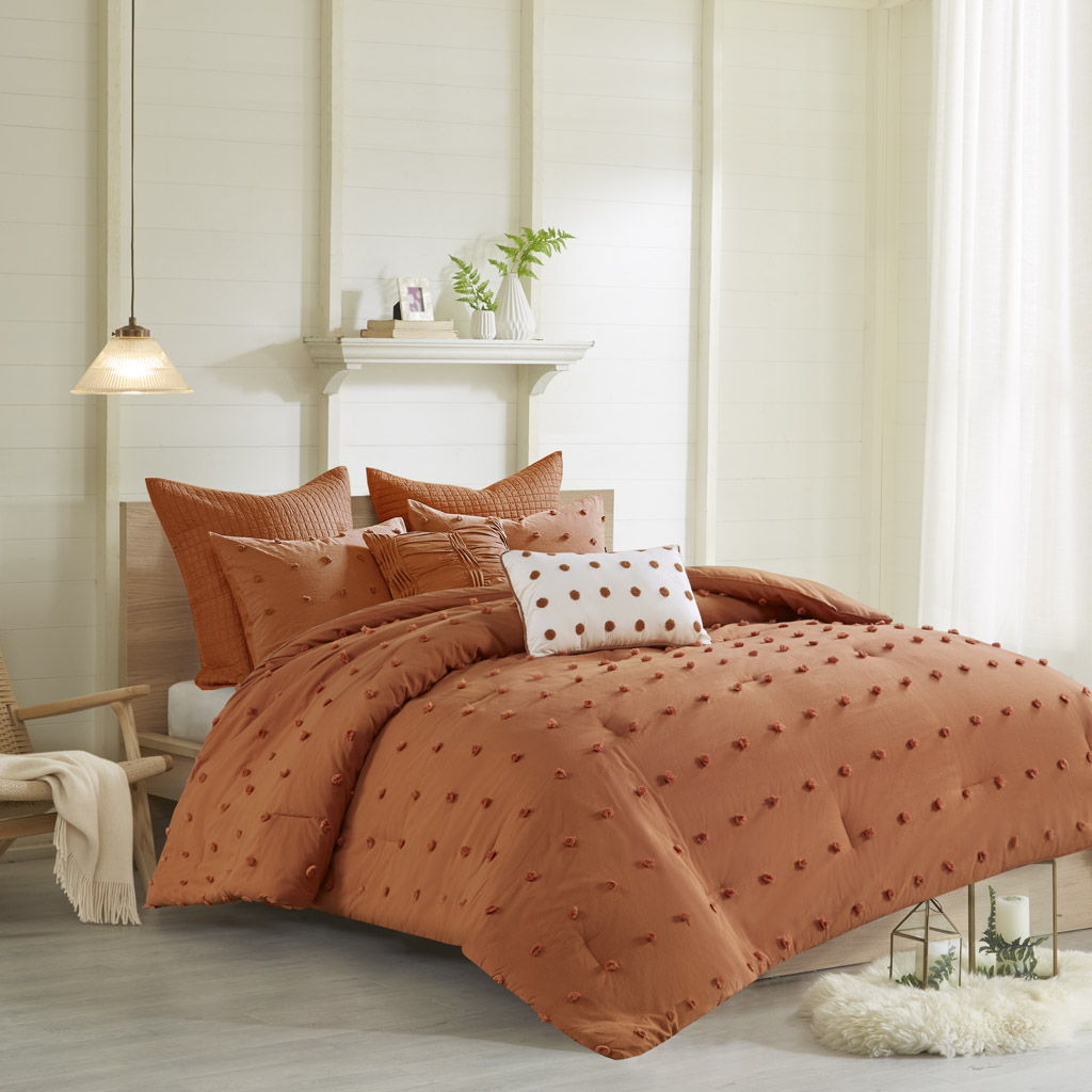 Brooklyn - Cotton Jacquard Queen Comforter Set With Euro Shams and Throw Pillows - Rust