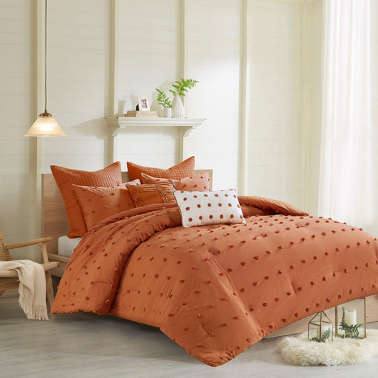 Brooklyn - Cotton Jacquard Comforter Set With Euro Shams and Throw Pillows - Rust