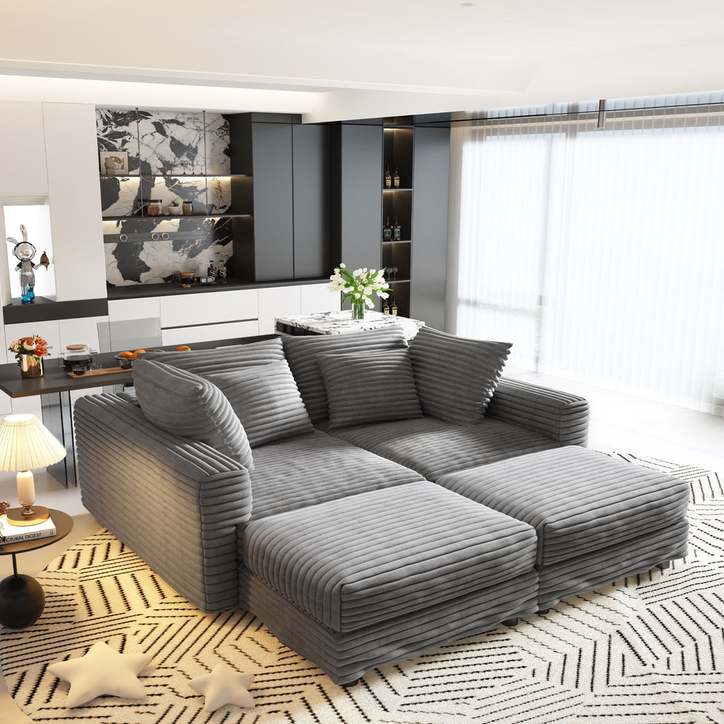 Deep Seat Convertible Sofa With Soft Pillows And Ottomans