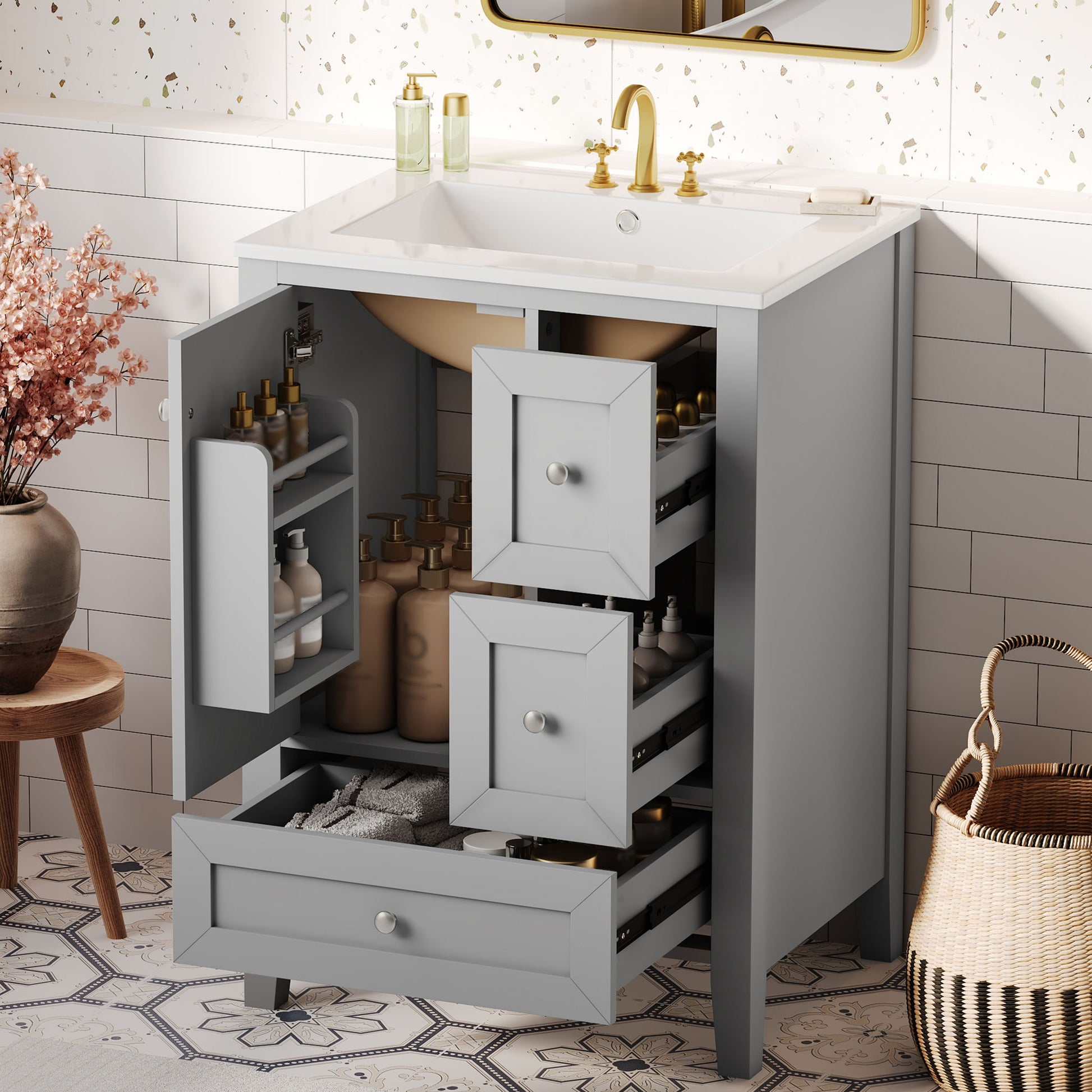 Modern Bathroom Vanity With Sink, Freestanding Cabinet With Drawers And Shelves