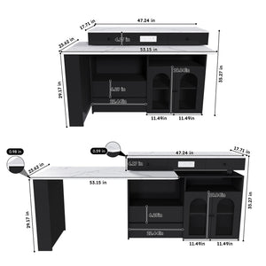Kitchen Island With Extendable Rotating Table, 4 Drawers & Glass Door Cabinets, Built In Socket - Black