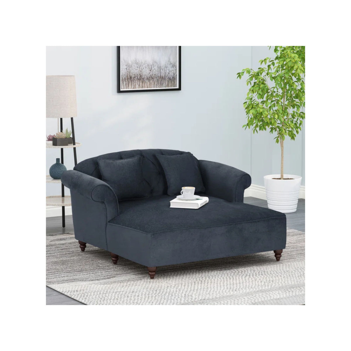 Upholstered Chaise Lounge With Scroll Arms, Turned Legs And 2 Pillows - Charcoal