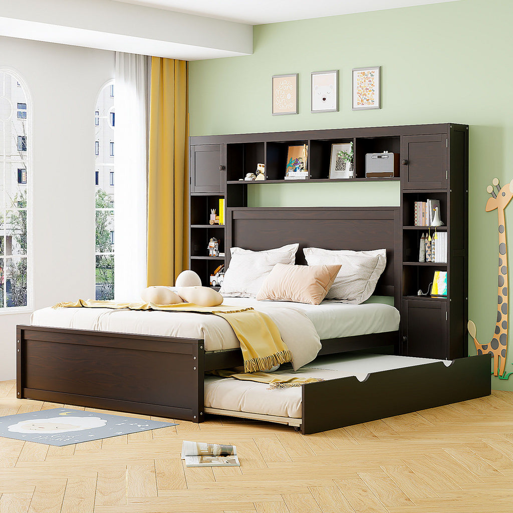 Bed With All In One Cabinet, Shelf And Sockets, Twin Long Trundle