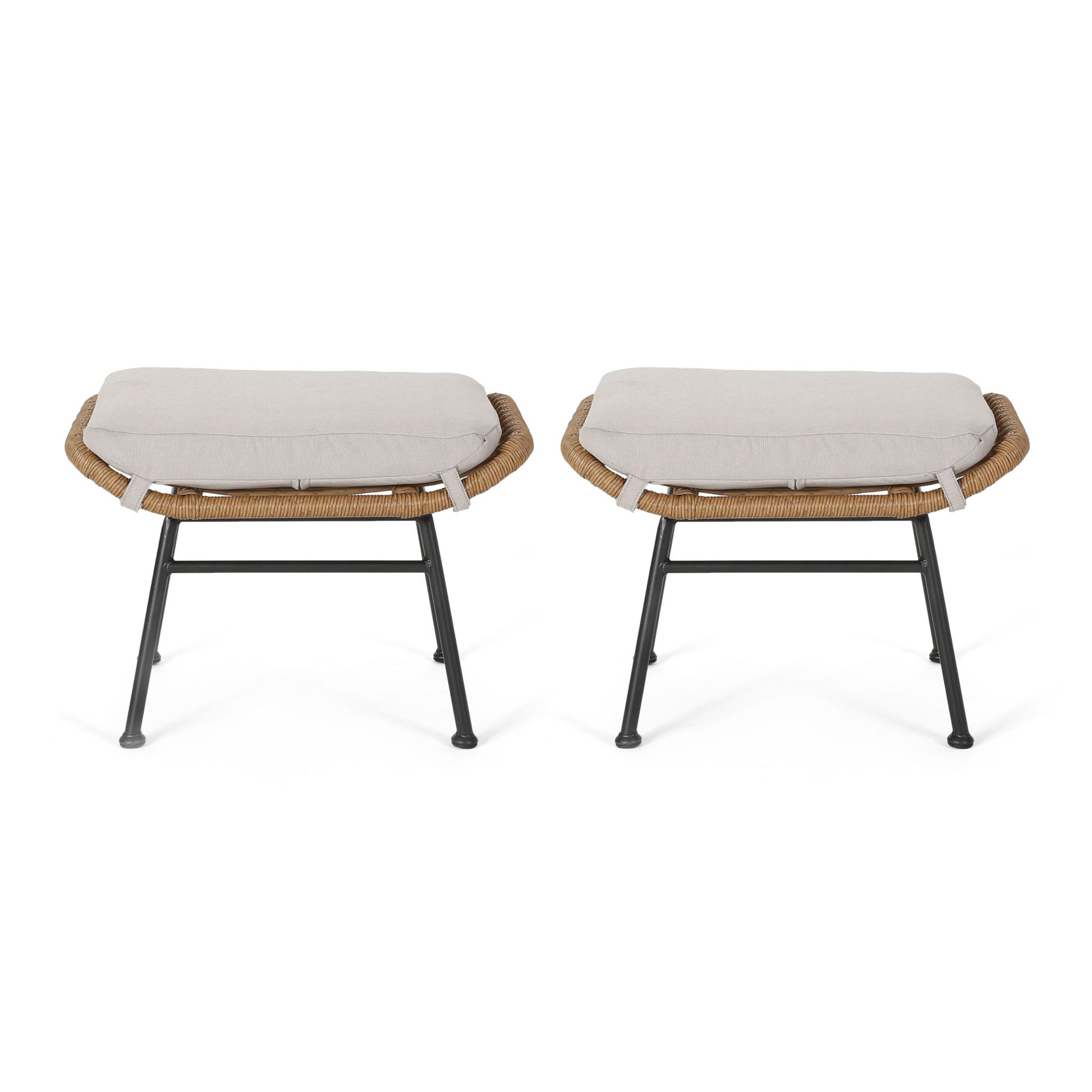 Outdoor Modern Boho Wicker Ottoman With Cushions (Set of 2)