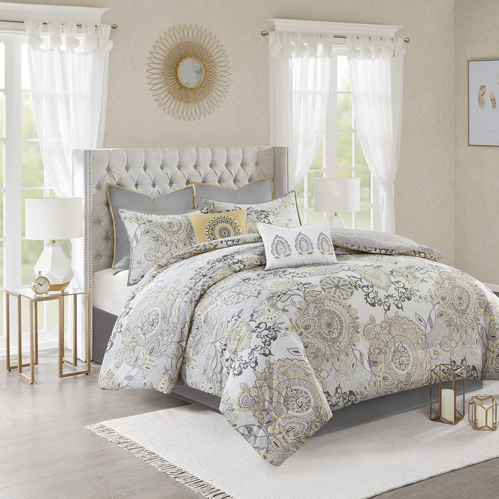 Isla - 8 Piece Cotton Floral Printed Reversible Comforter Set - Yellow / Gray