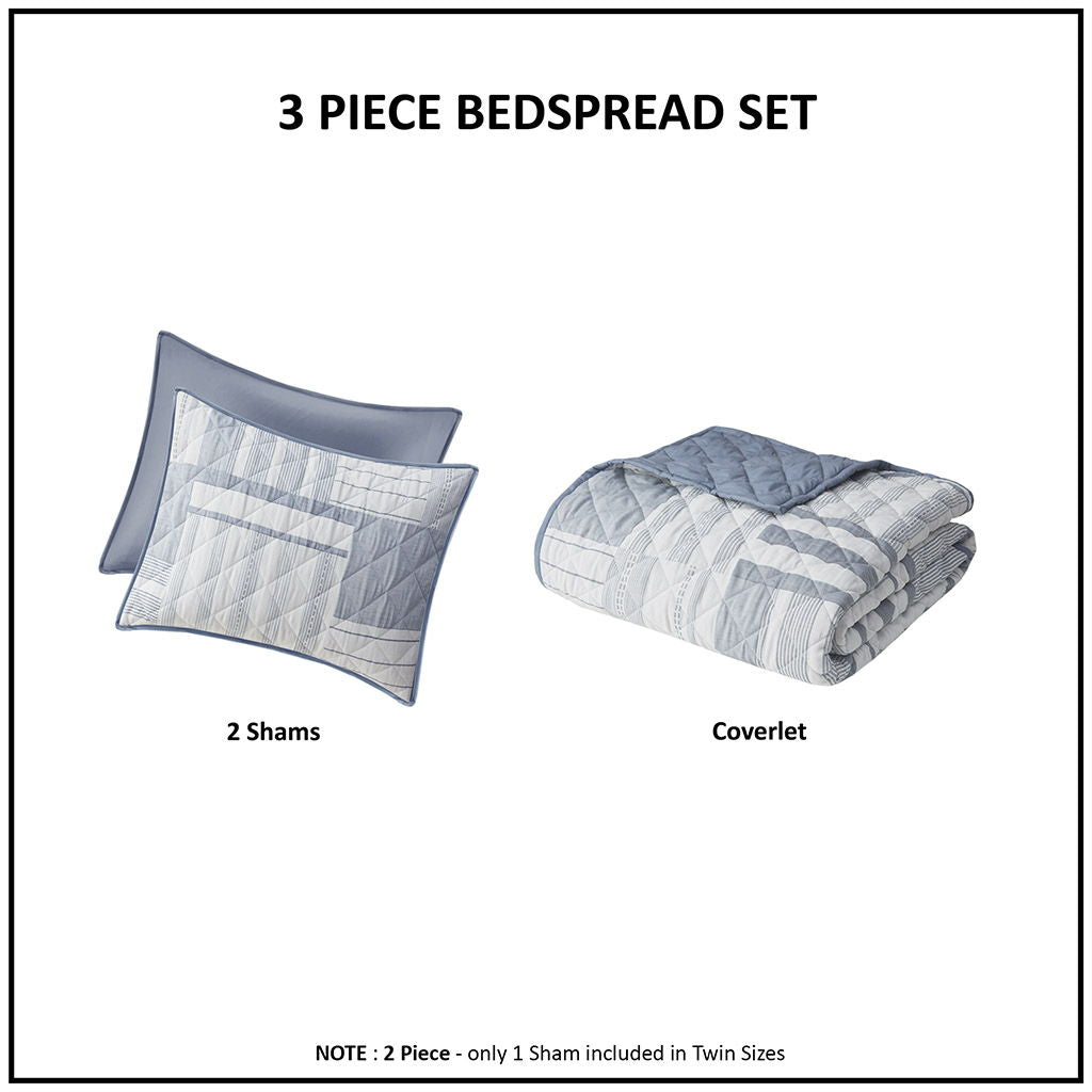 Graham - 3 Piece Full Jacquard Patchwork Quilt Set - Blue