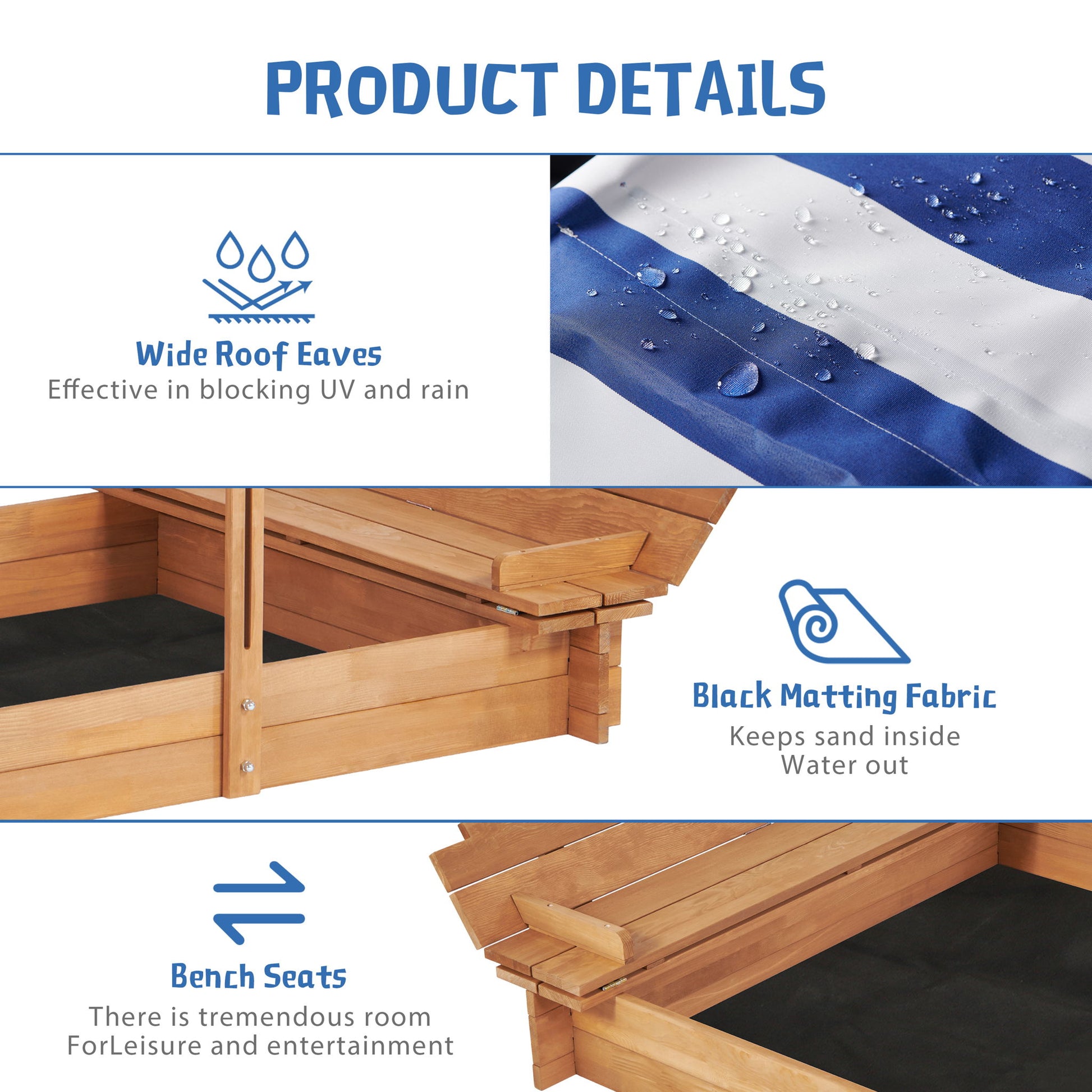Kids Sandbox With Adjustable Cover, Sand Box With 2 Foldable Bench Seats, Outdoor Sandpit For Backyard Play - Light Brown