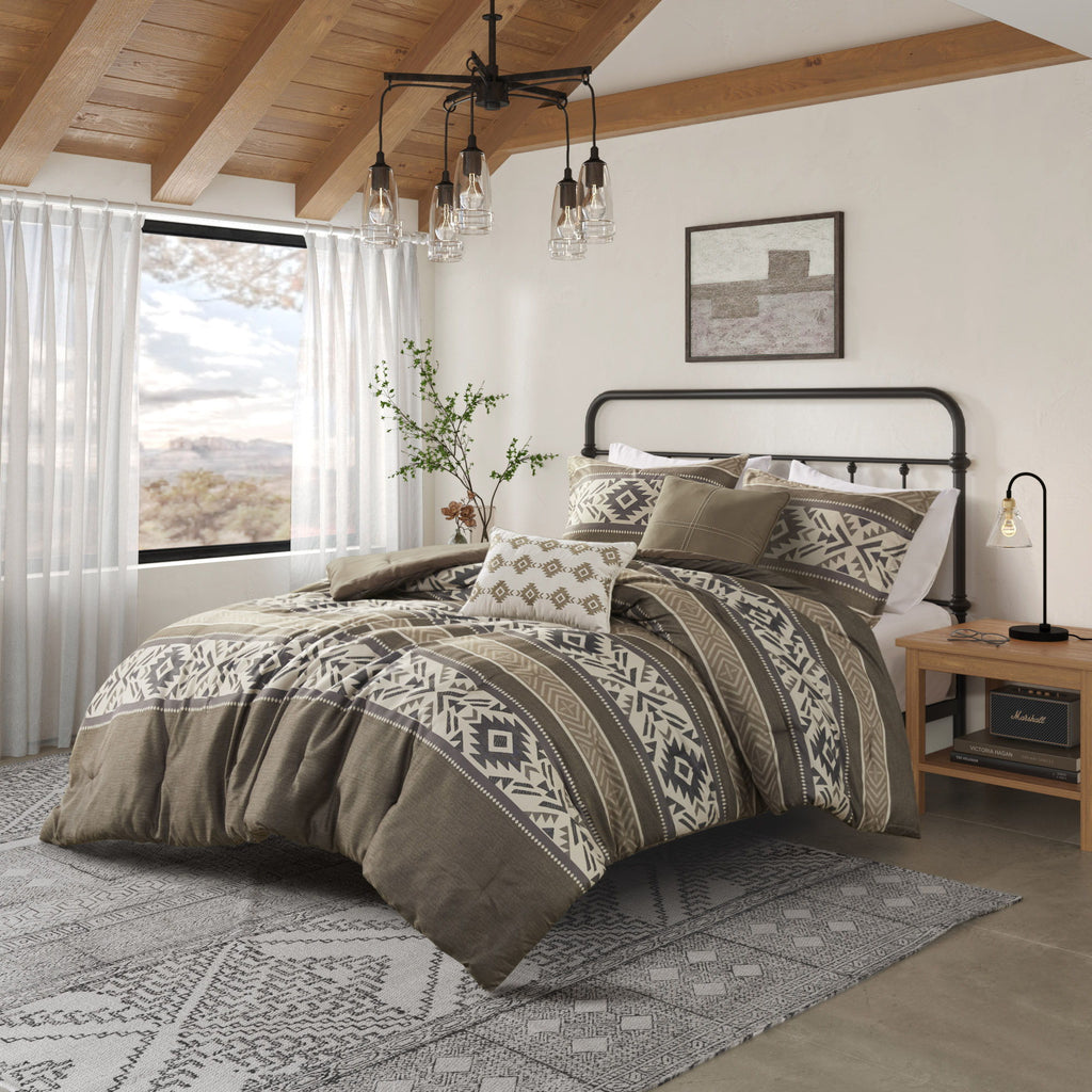 Mariposa - 5 Piece Full/Queen Stripe Herringbone Comforter Set With Throw Pillows - Brown