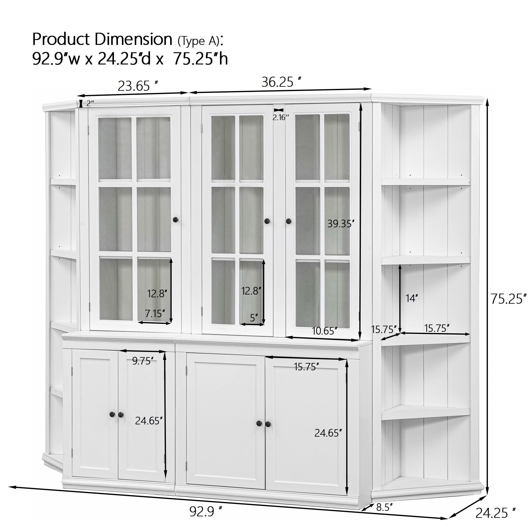 Retro Style Wall Suit With Glass Doors, 75.25" Tall Display Cabinets & Triangle Sided Bookshelves - White