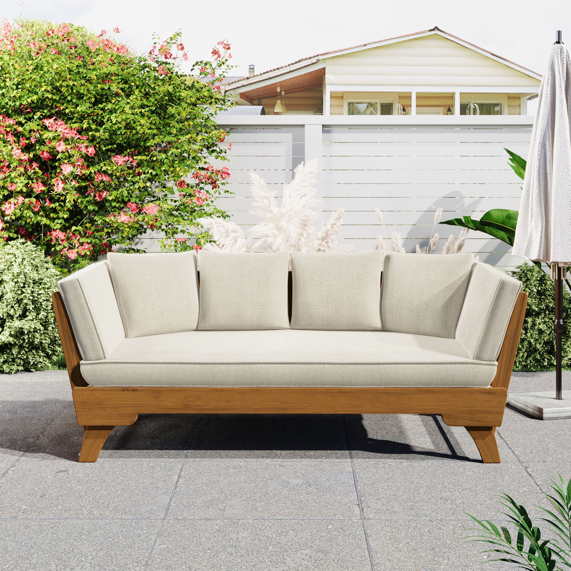 Outdoor Patio Daybed Sofa, 3 Seat Sofa With Foldable Arm 4 Back Pillows