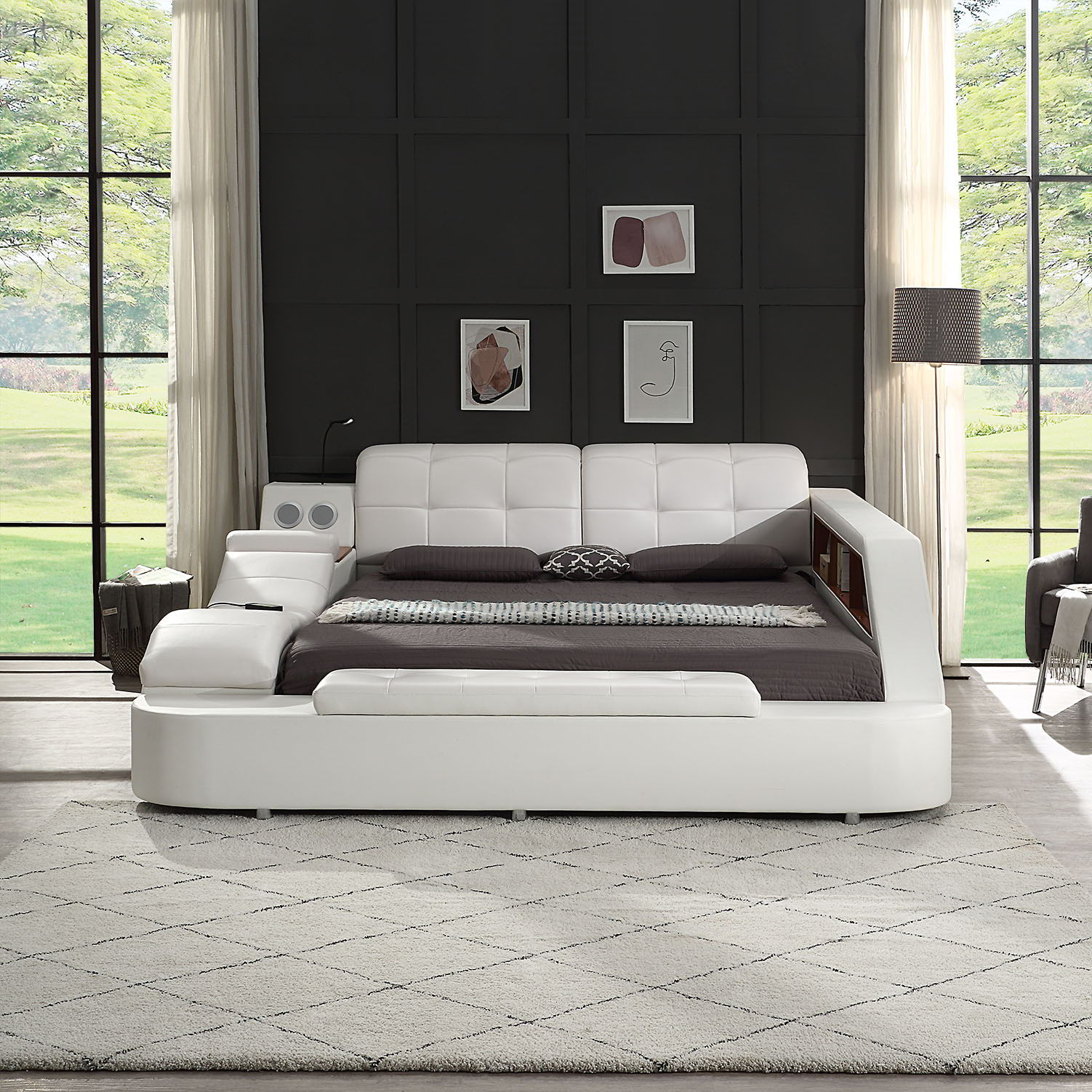 Multifunctional Upholstered Storage Bed Frame, Massage Chaise Lounge On Left