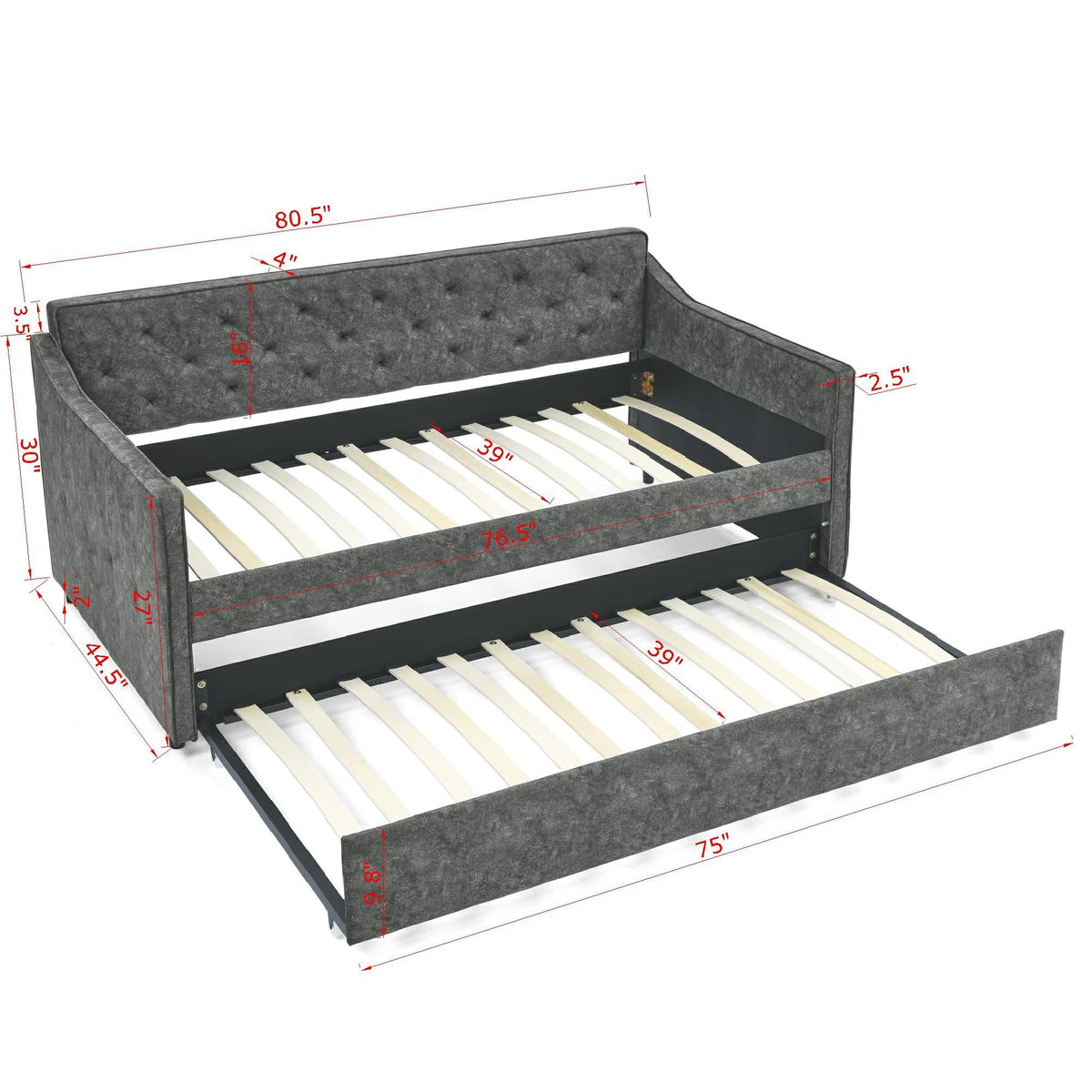 Twin Upholstered Daybed With Trundle, Waved Arms - Gray