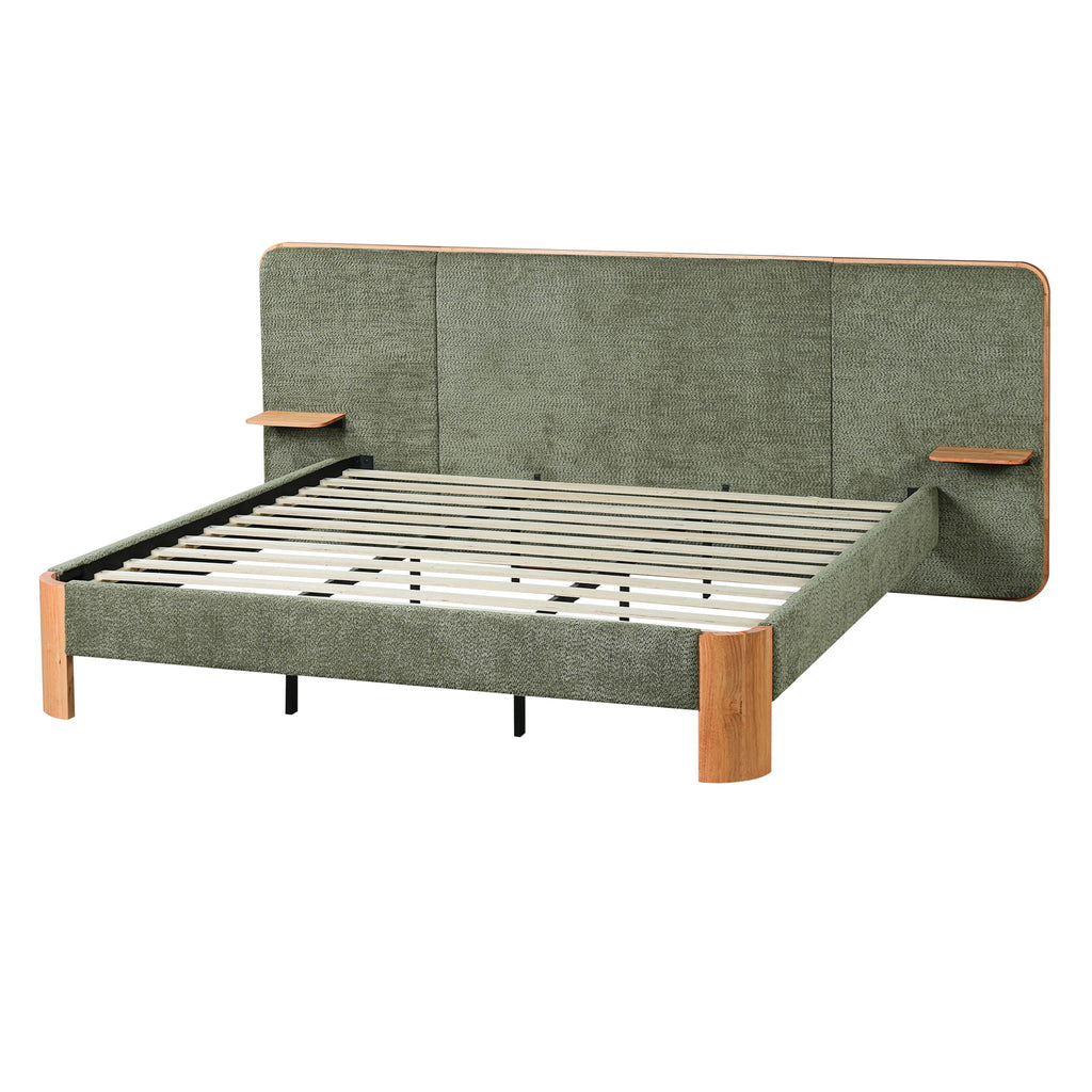 Upholstered Platform Bed Frame With Curved Headboard, Built-In Floating Shelves