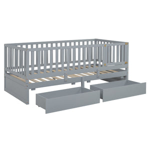 Daybed With Fence Guardrails And 2 Drawers, Split Into Independent Floor Bed & Daybed