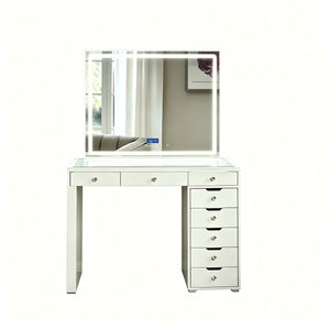 Makeup Vanity Desk With LED Lighted Mirror, 9 Drawers For Bedroom - Gloss White