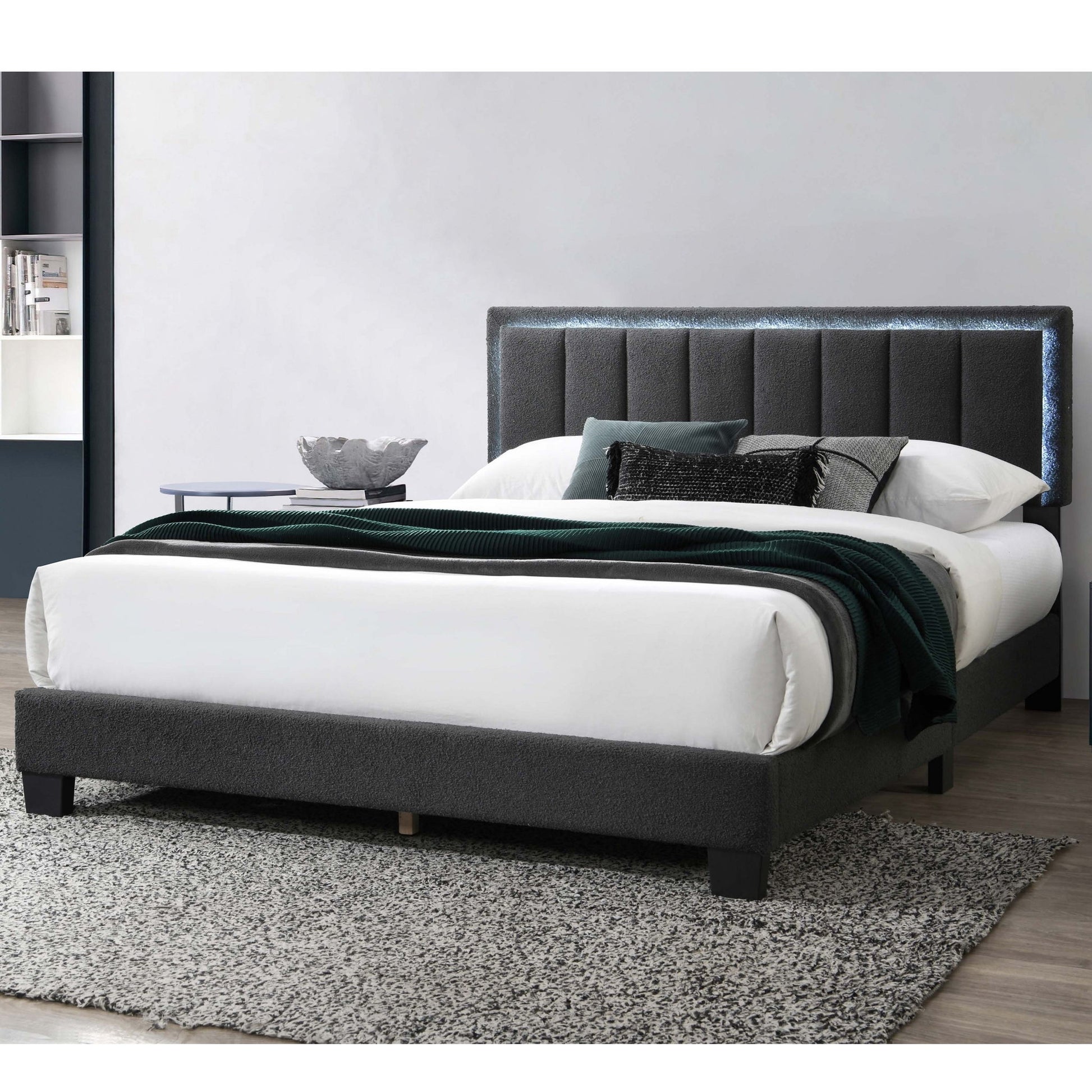 Queen Upholstered Bed With LED - Charcoal