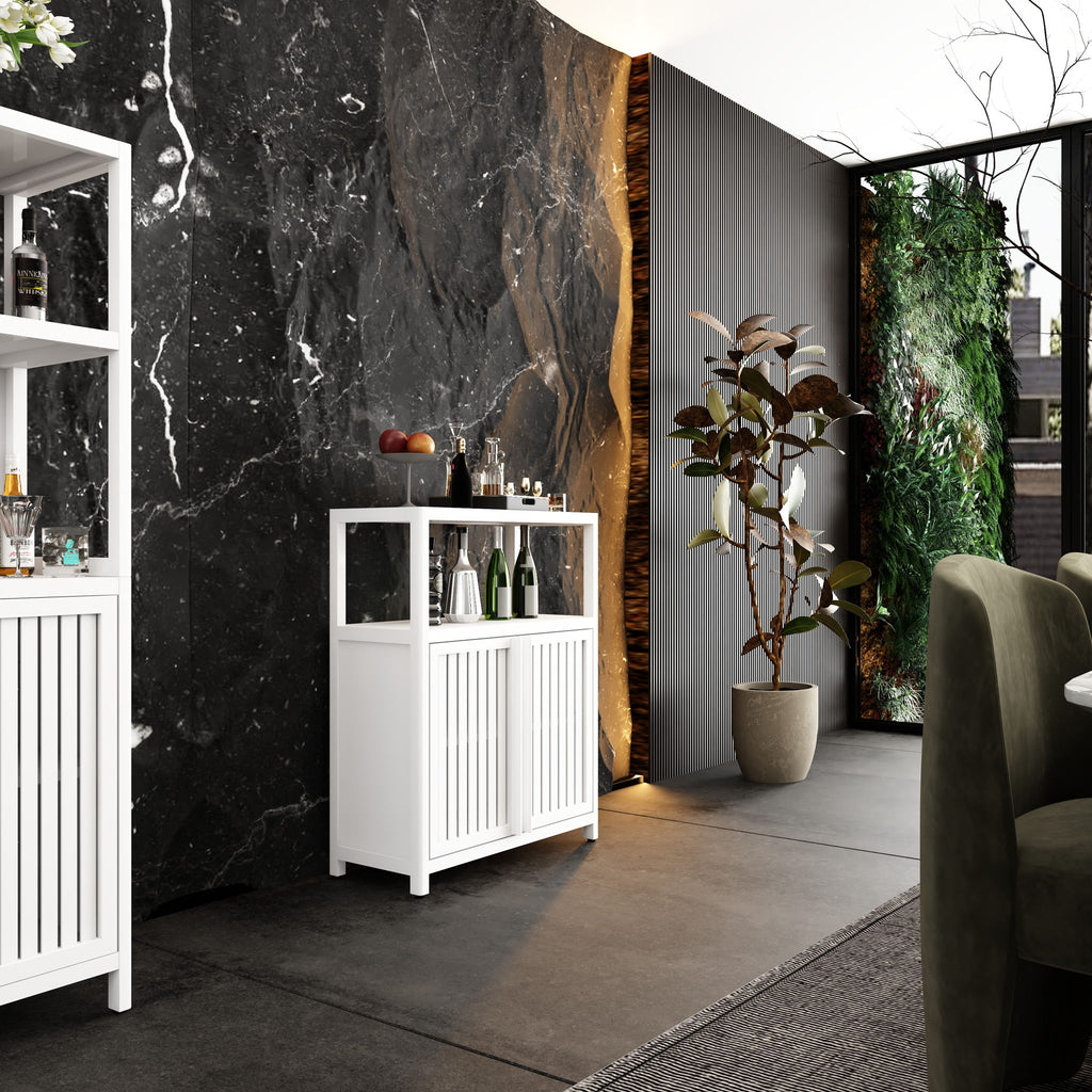 Bamboo Large Capacity Storage Cabinet With Shelves For Bathroom And Living Room - White