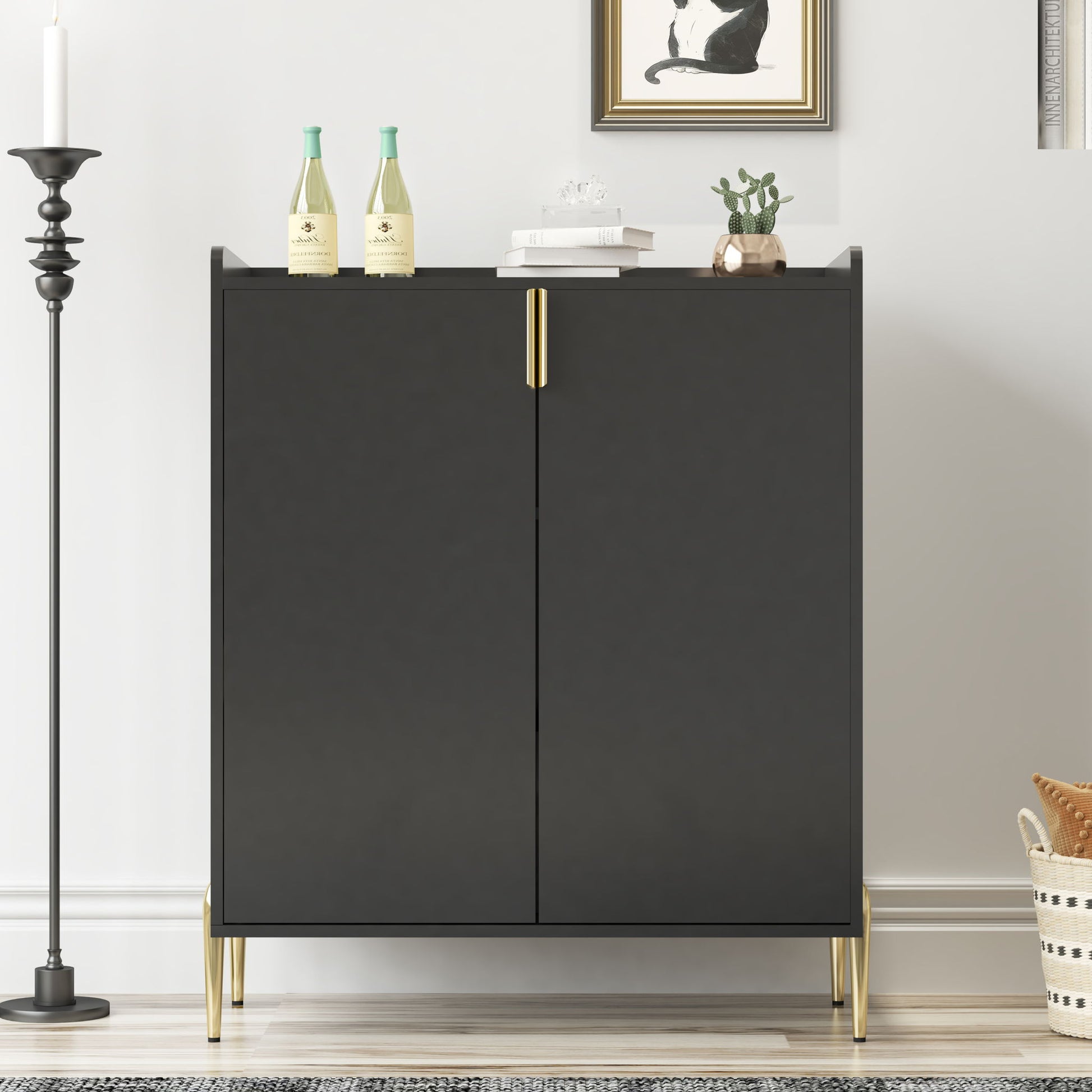 Wine Bar Cabinet With Adjustable Shelf, 2 Door Sideboard With Soft-Closing Hinges And Feet