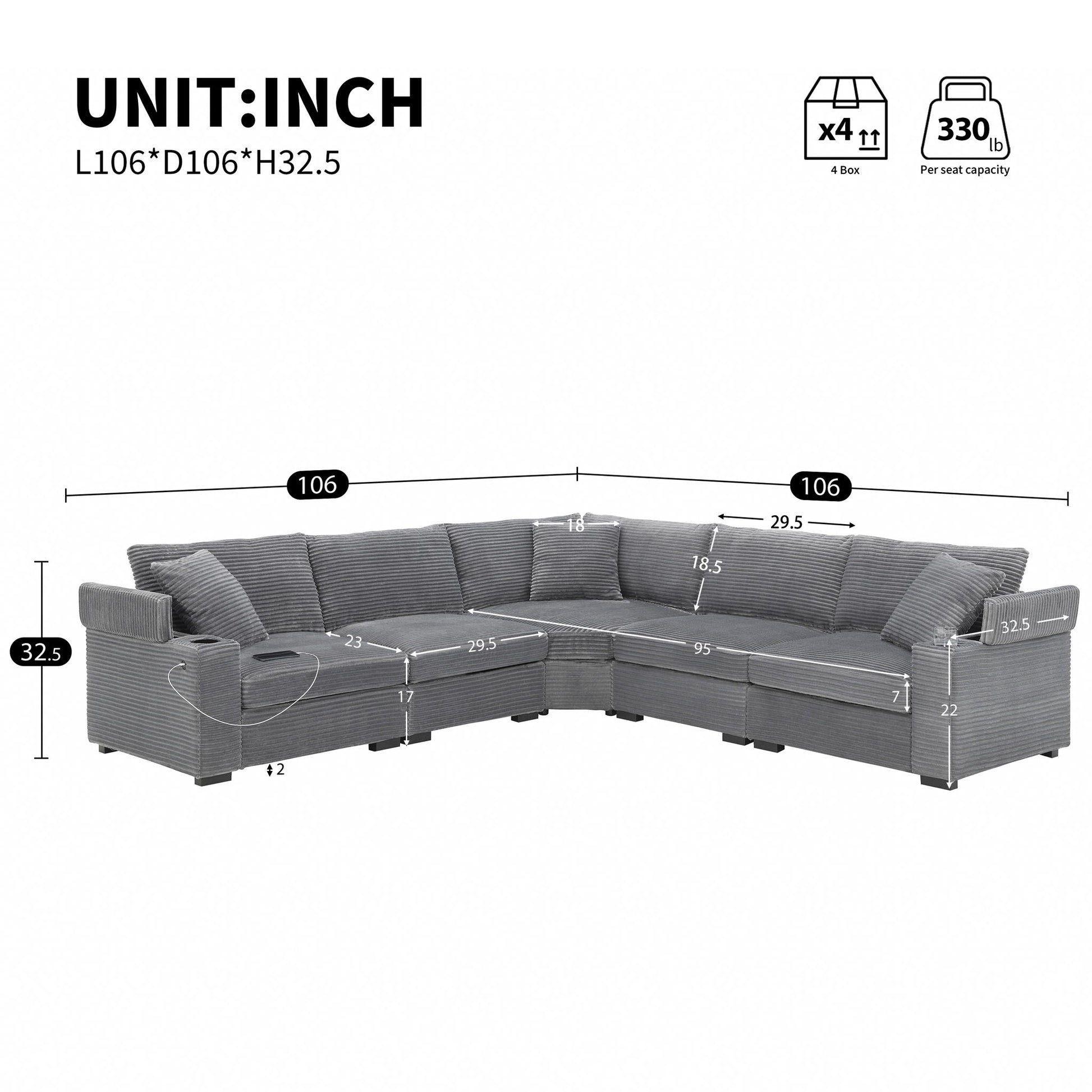 Convertible L Shaped Sectional Corner Couch With Armrest Storage Cup Holders USB Charger, Irregular Corner Oversized Comfy Modular Sofa